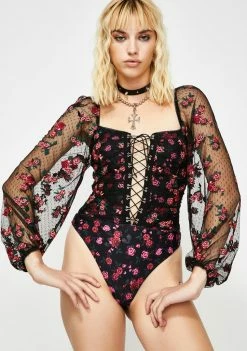 For Love & Lemons Blondie Embroidered Bodysuit Tops