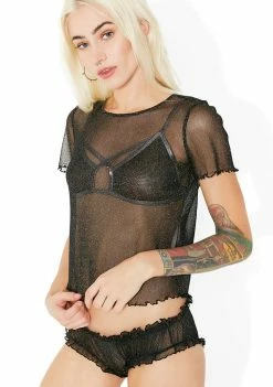 For Love & Lemons Midnight Sparkle Mesh Tee Tops